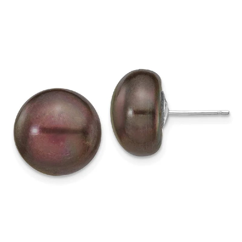 modern sleek ridge earrings-14k White Gold Black Button Cultured Pearl Stud Earrings (L-12 mm, W-13 mm)