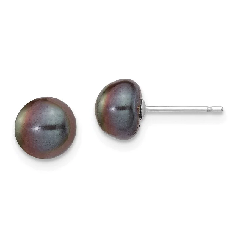 gothic-inspired batwing earrings-14k White Gold Black Button Cultured Pearl Stud Earrings (L-7 mm, W-8 mm)