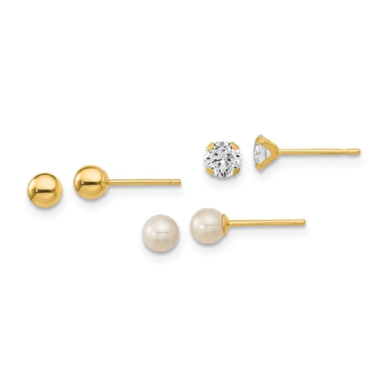 art deco alexandrite earrings-14k Yellow Gold 3 Pair Set-Ball, CZ and Freshwater Cultured Pearl Stud Earrings (L-3.3 mm, W-3.3 mm)