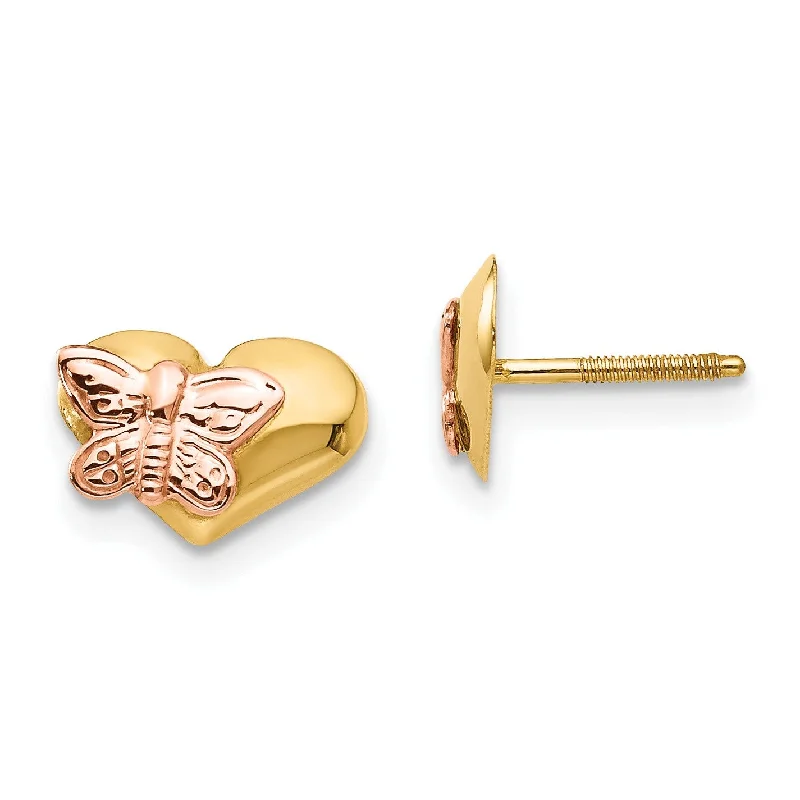 modern sleek twist earrings-14KT Yellow and Rose Gold 8X9MM Butterfly Heart Stud Earrings