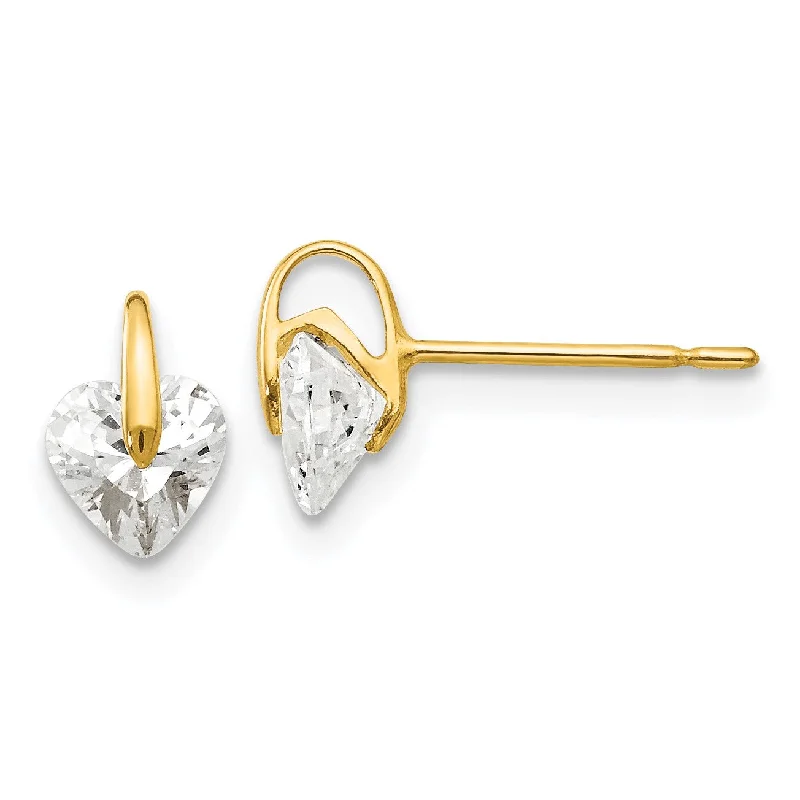 adjustable flame earrings-14KT Yellow Gold Cubic Zirconia 7X5MM Childrens Heart Stud Earrings