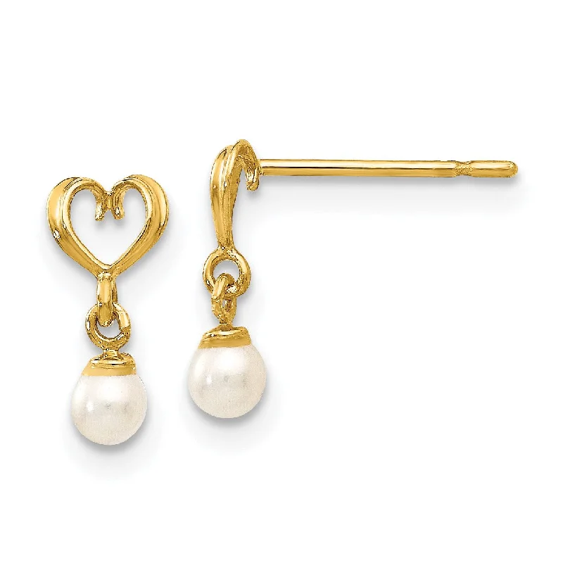 bold ruby ridge earrings-14KT Yellow Gold Pearl 9X5MM Childrens Heart Drop & Dangle Earrings