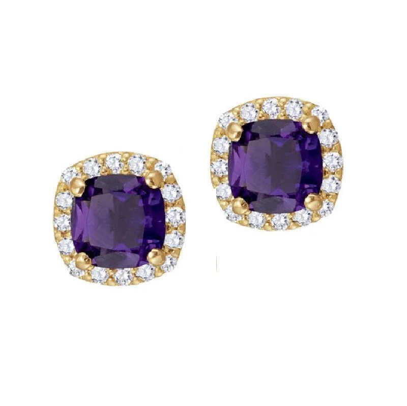 vintage-inspired tanzanite earrings-5MM Cushion Amethyst and White Sapphire Birthstone Halo Stud Earrings in 10KT Yellow Gold