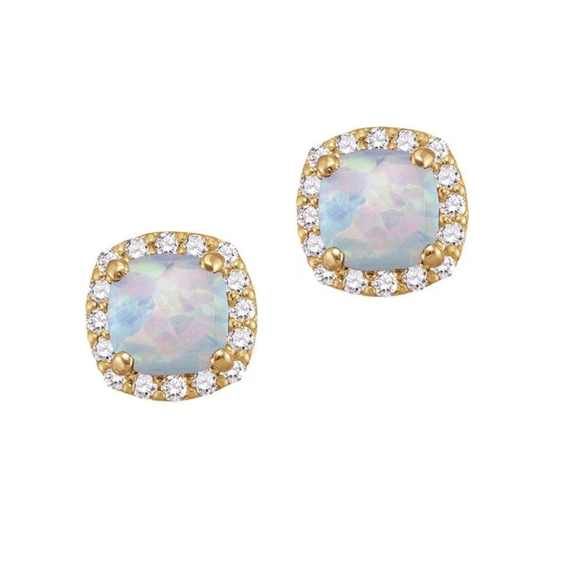 vintage-style kunzite earrings-5MM Cushion Opal and White Sapphire Birthstone Halo Stud Earrings in 10KT Yellow Gold