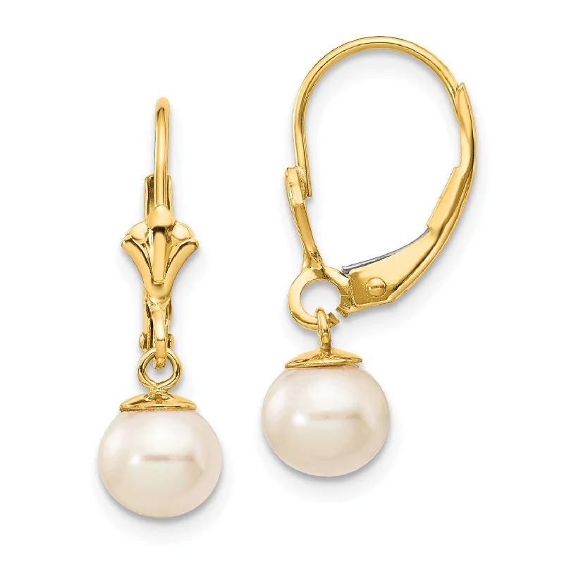 polished gold twist earrings-6MM Round Pearl Leverback Earrings in 14KT Yellow Gold