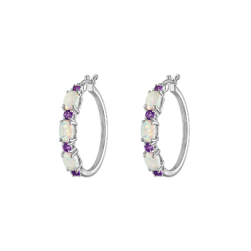 rustic kunzite hoop earrings-6X4MM Oval Opal and Amethyst Hoop Earrings in Rhodium Plated Sterling Silver