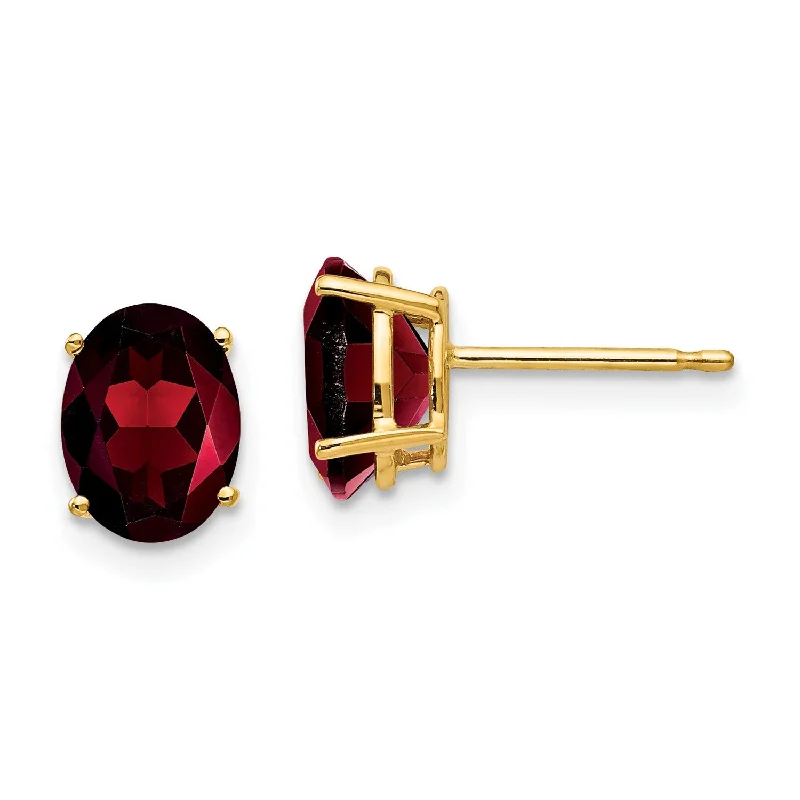 bohemian ridge earrings-8X6MM Oval Garnet Stud Earrings in 14KT Yellow Gold