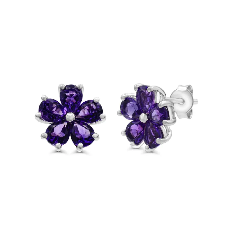 minimalist crest earrings-Amethyst Flower Stud Earrings in Sterling Silver