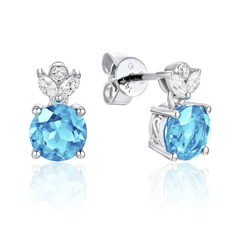 minimalist ridge earrings-Blue Topaz & Diamond 14K White Gold Floral Earrings