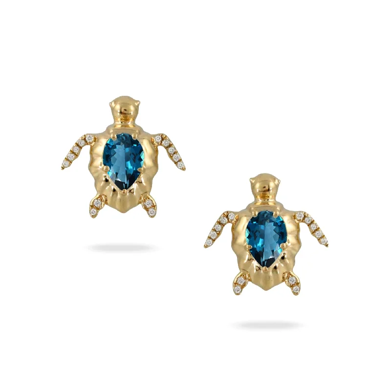 polished copper twist earrings-Blue Topaz & Diamond 18K Gold Sea Turtle Stud Earrings