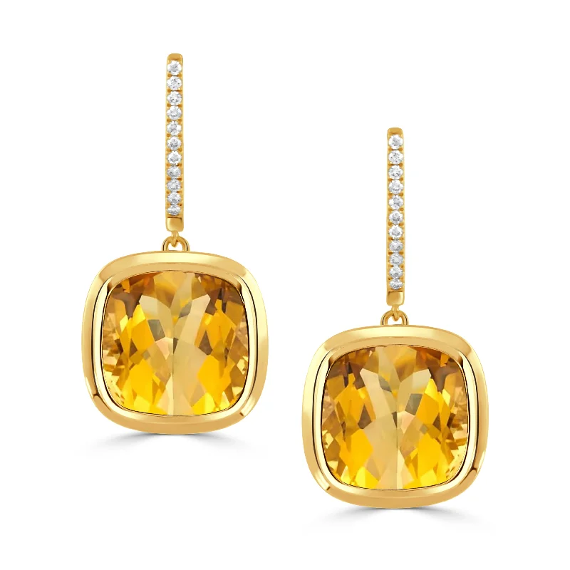 adjustable fern stud earrings-Cushion Citrine & Diamond Pavé 18K Yellow Gold Drop Earrings