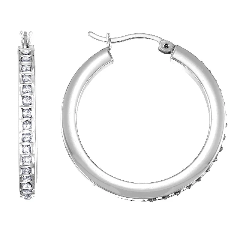 boho-inspired agate earrings-Diamond Fascination 14KT White Gold 15MM Diamond Accent Hoop Earrings