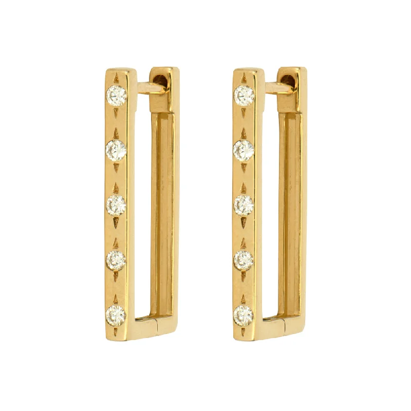 polished copper twist earrings-Diamond Flush Set 14K Gold Rectangular Hoop Earrings