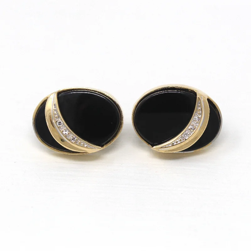 polished gold stack earrings-Sale - Diamond Onyx Earrings - Estate 14k Yellow Gold Oval Black Gemstone Studs - Vintage Circa 1980s Pierced Push Back Style Fine Jewelry