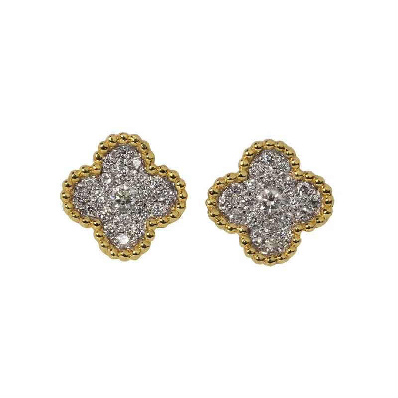 boho-inspired alexandrite earrings-Diamond Pavé Cluster Clover Beaded 14K Gold Stud Earrings