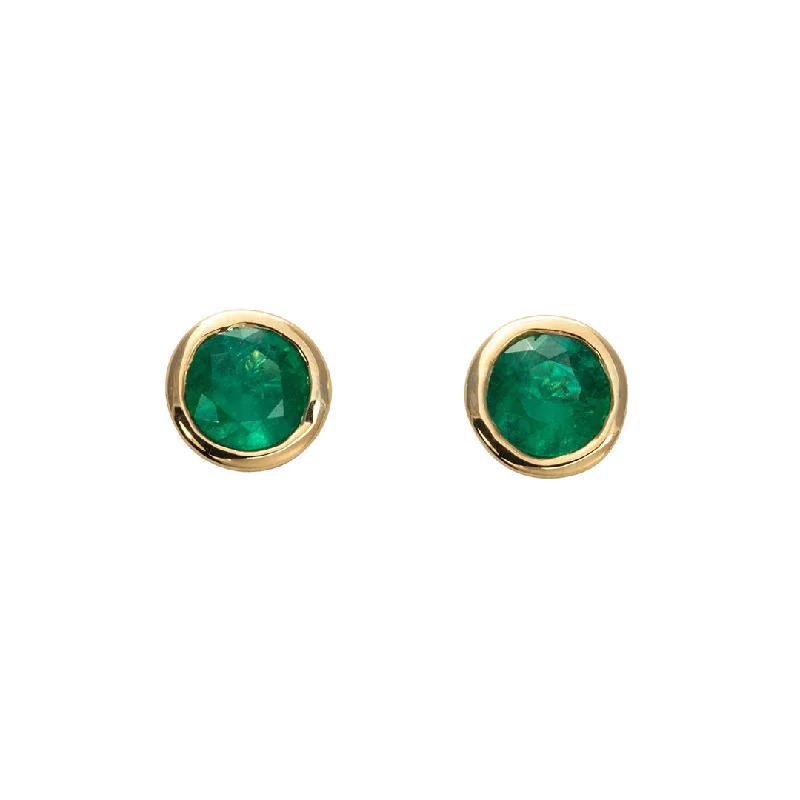 vintage-style sapphire earrings-Emerald Bezel Set 18K Yellow Gold Stud Earrings