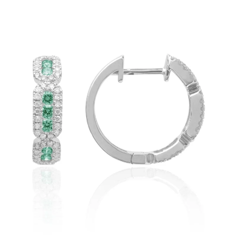 boho-inspired alexandrite earrings-Emerald & Diamond 14K White Gold Huggie Earrings