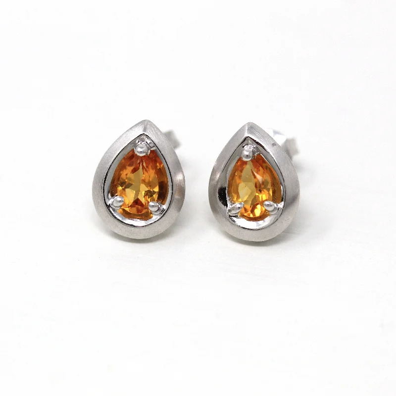 floral channel diamond earrings-Sale - Genuine Citrine Earrings - Estate 14k White Gold Pierced Push Back .6 CTW Gem Studs - Modern 2000s November Birthstone Fine Jewelry