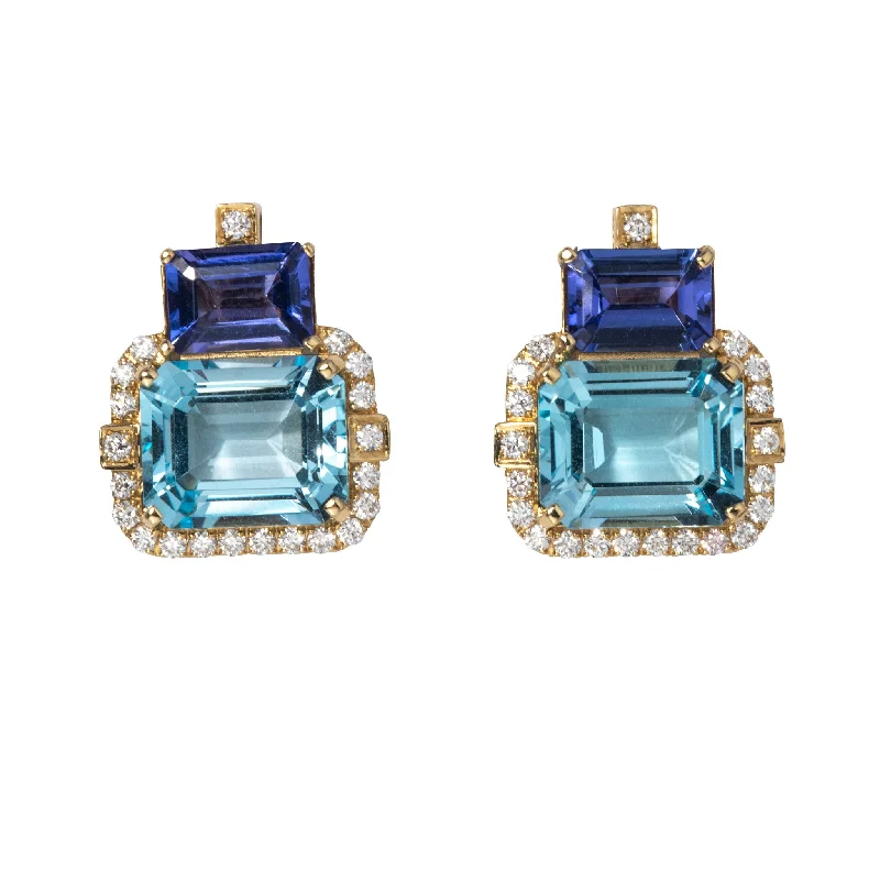 raw kyanite accent earrings-Goshwara 2 Stone Blue Topaz & Tanzanite 18K Gold Earrings