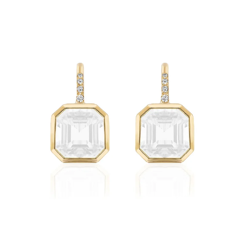 minimalist crest earrings-Goshwara Asscher Cut Moon Quartz & Diamond 18K Yellow Gold Earrings