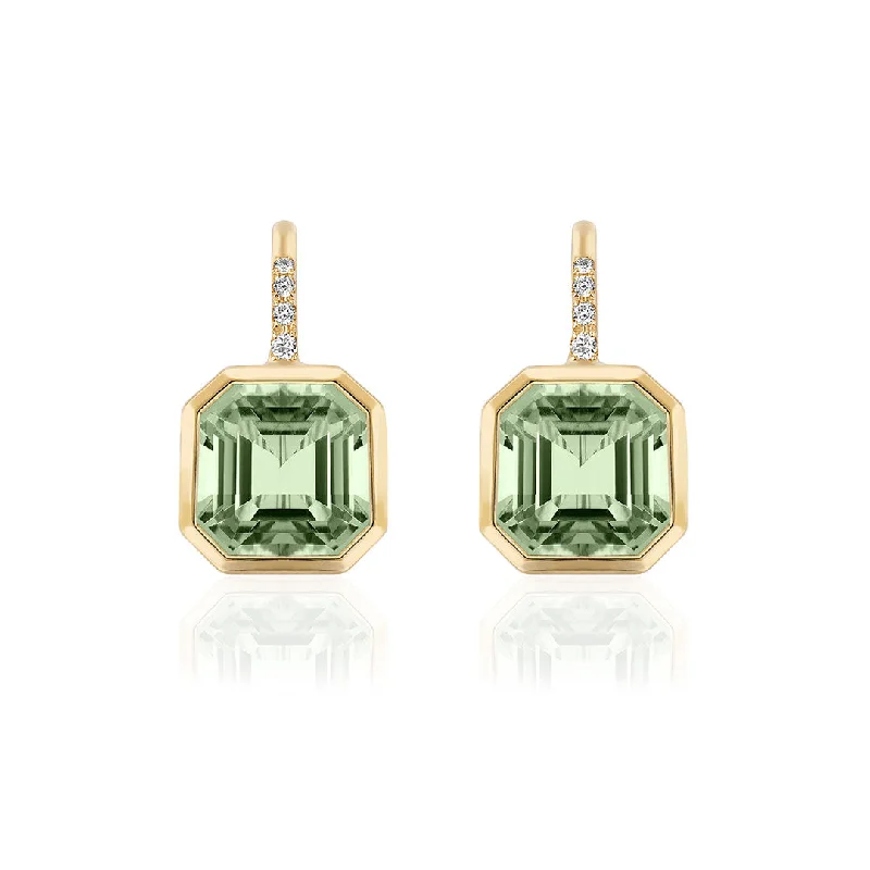 vintage-inspired opal earrings-Goshwara Asscher Cut Prasiolite & Diamond 18K Yellow Gold Earrings