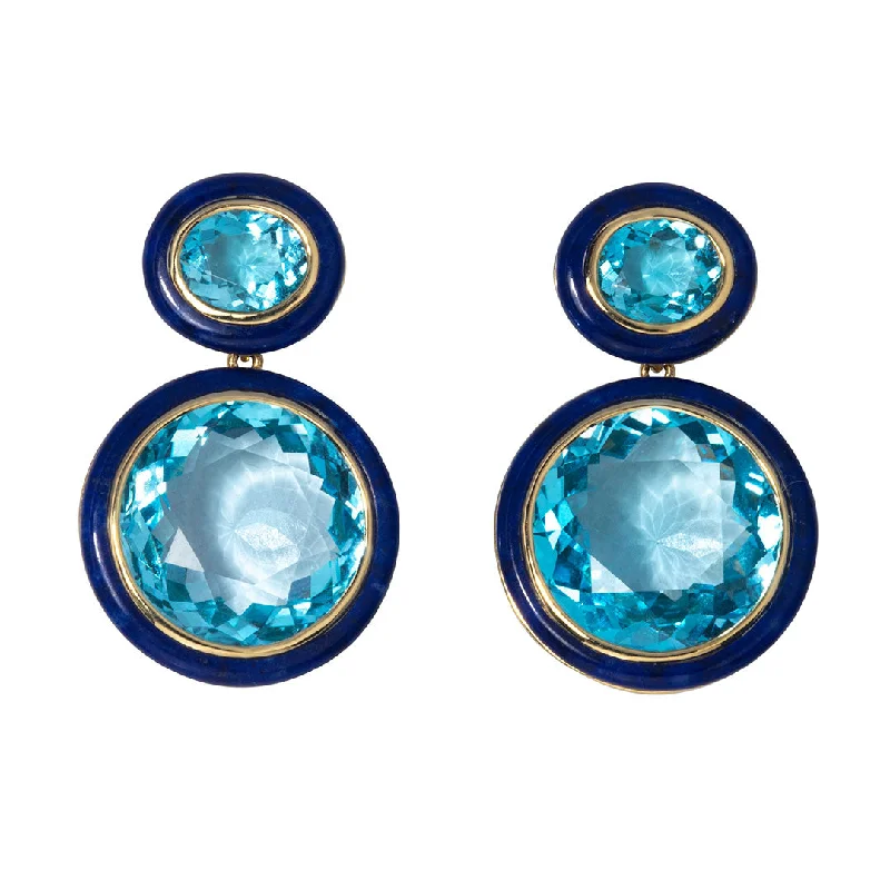 floral channel diamond earrings-Goshwara Blue Topaz & Lapis Lazuli Inlay 18K Gold Drop Earrings