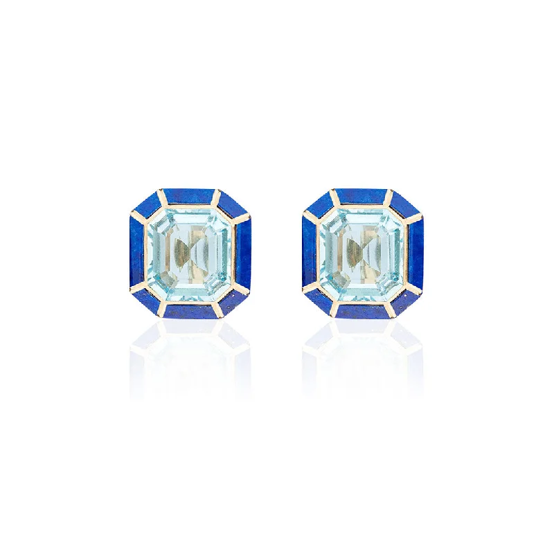 raw alexandrite cluster earrings-Goshwara Blue Topaz & Lapis Lazuli Inlay 18K Gold Stud Earrings