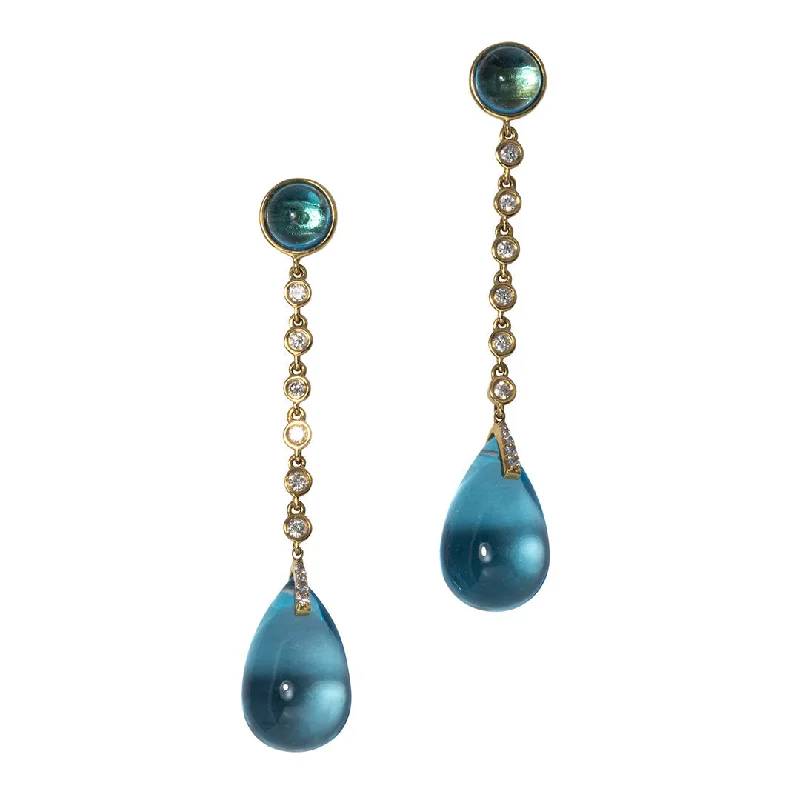 bohemian tribal earrings-Goshwara Cabochon Blue Topaz & Diamond 18K Gold Drop Earrings