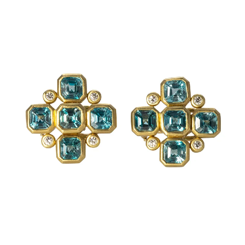 engraved legacy drop earrings-Mazza Blue Zircon & Diamond 18K Yellow Gold Earrings