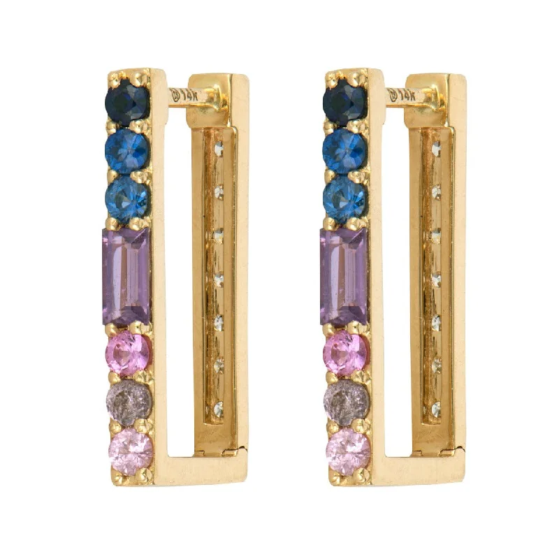 minimalist arrowhead earrings-Ombré Sapphire & Diamond 14K Gold Rectangular Hoop Earrings