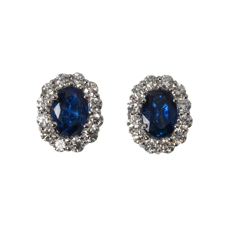 modern sleek crest earrings-Oval Sapphire & Diamond Halo 18K White Gold Stud Earrings