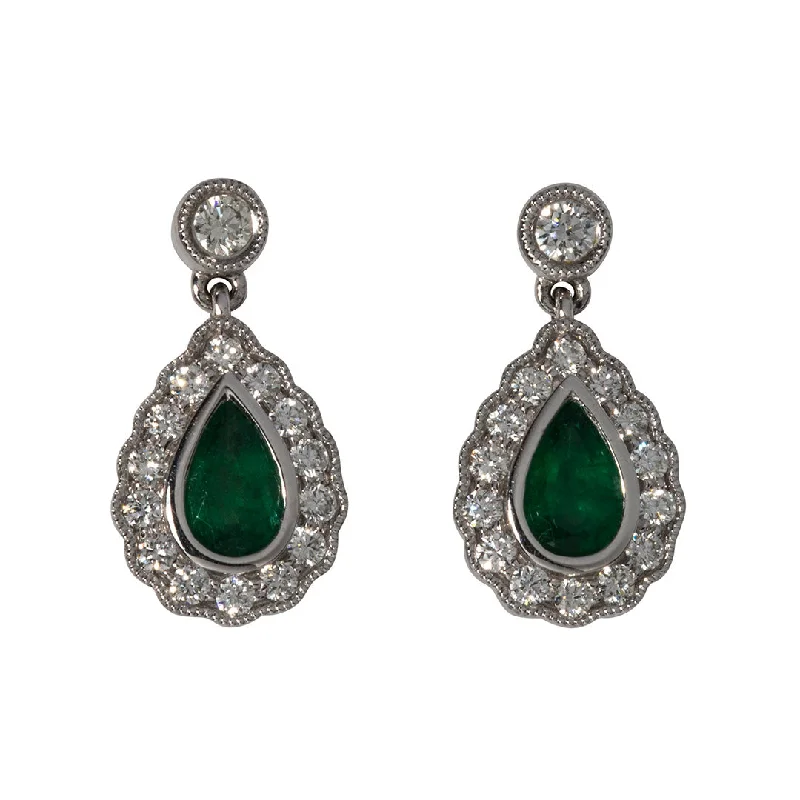 gothic-inspired dragon earrings-Pear Emerald & Diamond 18K White Gold Drop Earrings