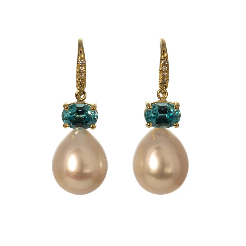 polished silver twist earrings-Pearl, Blue Zircon & Diamond 18K Gold Drop Earrings