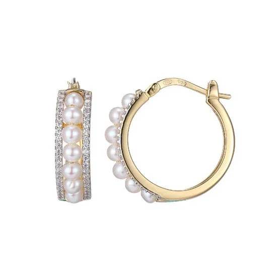 rustic kunzite hoop earrings-Pearl & CZ Gold Plated Silver Hoop Earrings 20mm