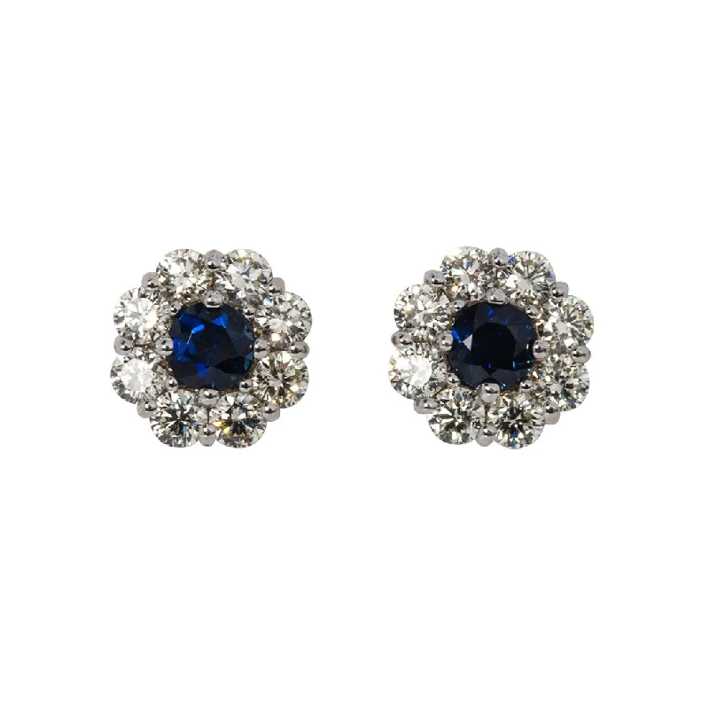 gothic-inspired talon earrings-Round Sapphire & Diamond Cluster 14K Gold Stud Earrings