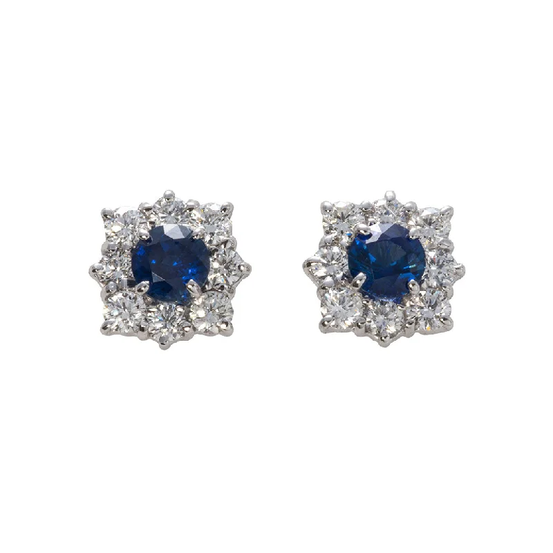 antiqued gold hoop earrings-Round Sapphire & Diamond Cluster 18K Gold Stud Earrings