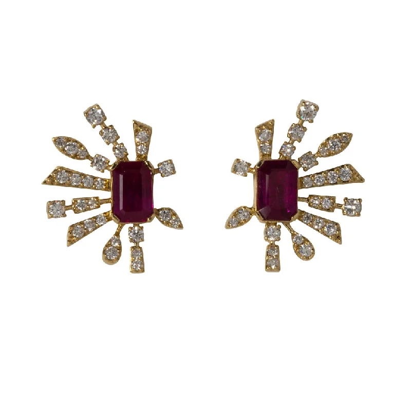 engraved bond drop earrings-Ruby & Diamond 18K Yellow Gold Firework Burst Earrings