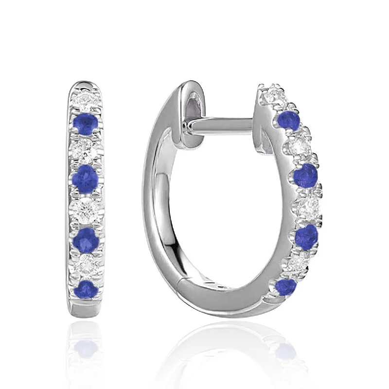 vintage-style kunzite earrings-Sapphire & Diamond 14K White Gold Huggie Hoop Earrings