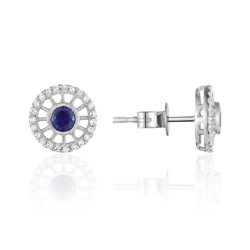 modern fused-drop earrings-Sapphire & Diamond Halo 14K White Gold Spoke Stud Earrings