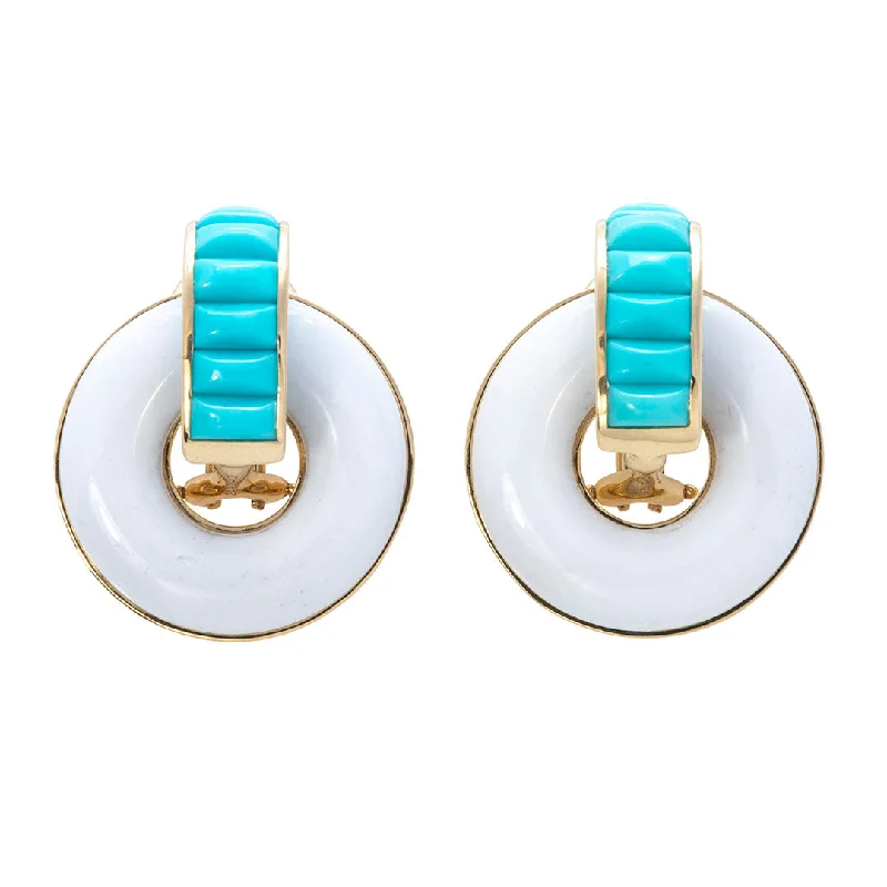 antiqued silver hoop earrings-Seaman Schepps Turquoise & White Ceramic Giro Earrings