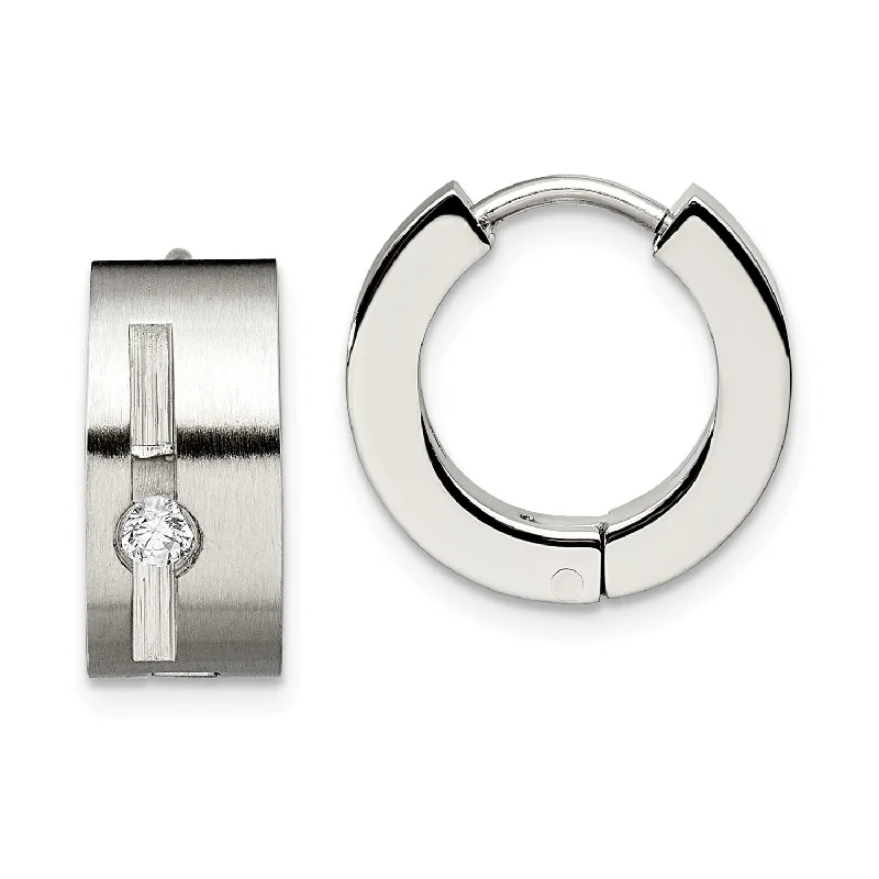 polished silver twist earrings-Stainless Steel CZ Brushed & Polished Round Hinged Hoop Earrings