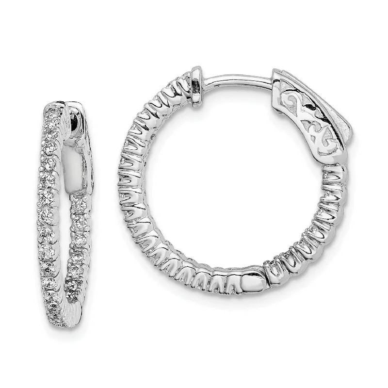 engraved eternity stud earrings-Sterling Silver Cubic Zirconia 15MM Safety Clasp In & Out Hoop Earrings