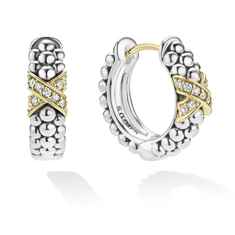 polished silver stack earrings-Embrace Two-Tone Diamond Huggie Earrings