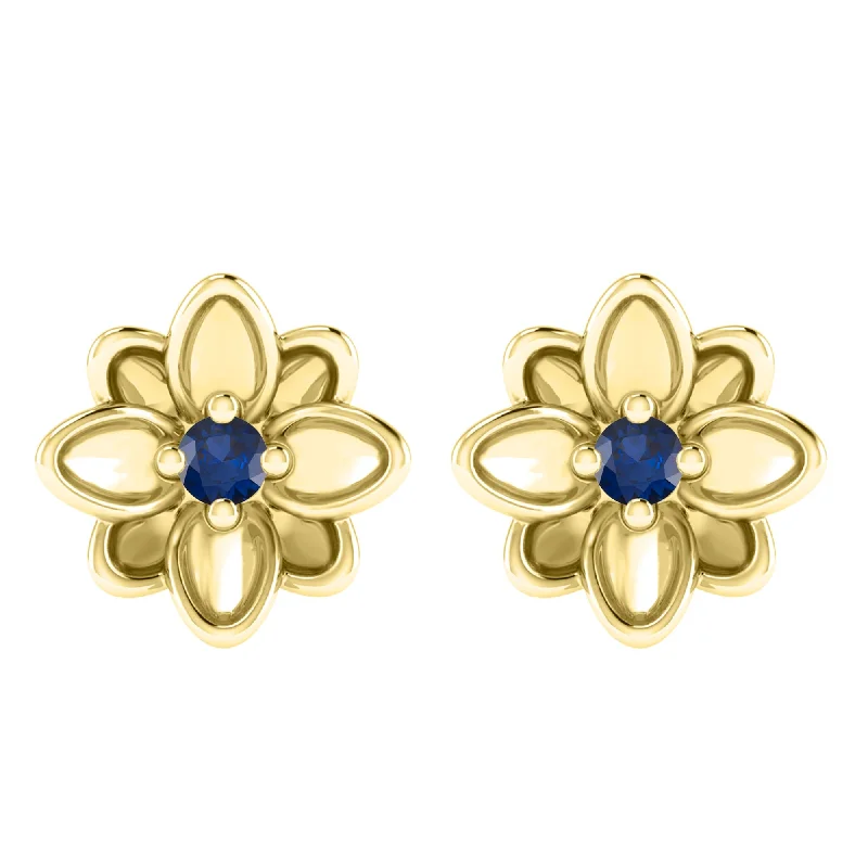 polished gold stack earrings-Gold Over Sterling Silver with Blue Sapphire Flower Earring