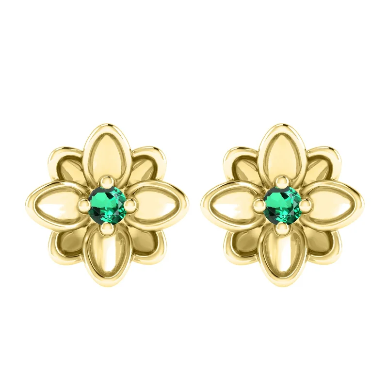 engraved honor stud earrings-Gold Over Sterling Silver with Emerald Flower Earring