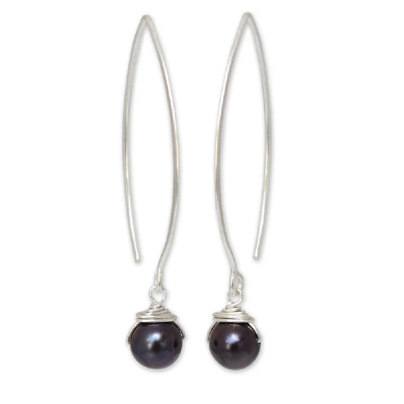 engraved legacy drop earrings-Handmade Sublime Darkness Sterling Silver Pearl Earrings (Thailand) - Black/ Silver