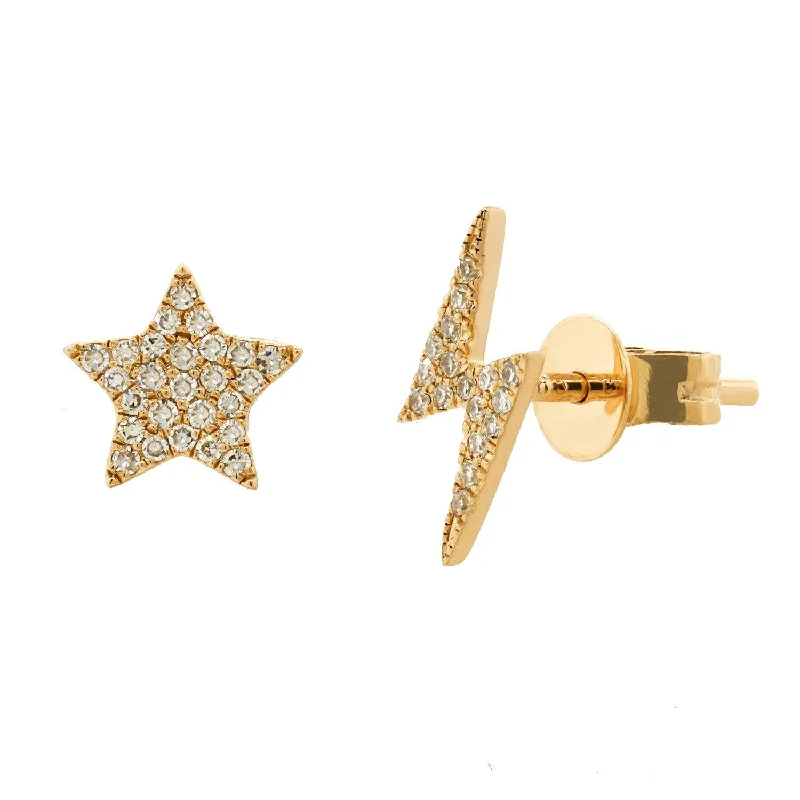 polished silver stack earrings-Joelle Lightning Bolt & Star Mismatched Diamond Earrings 14K Gold