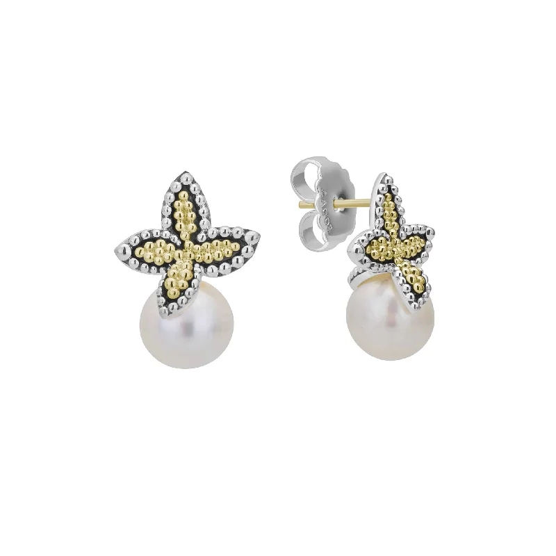 nature-themed crest earrings-Luna Two-Tone Caviar Floral Pearl Earrings