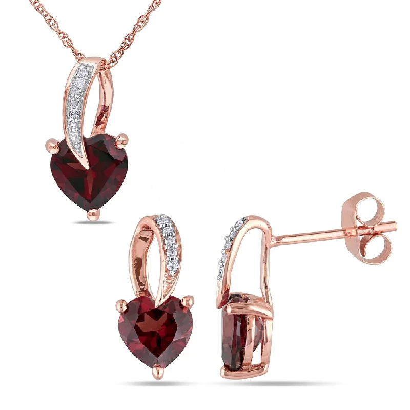 polished rose twist earrings-Miadora 10k Rose Gold Heart-cut Garnet and diamond Loop Drop Necklace and Earrings Set