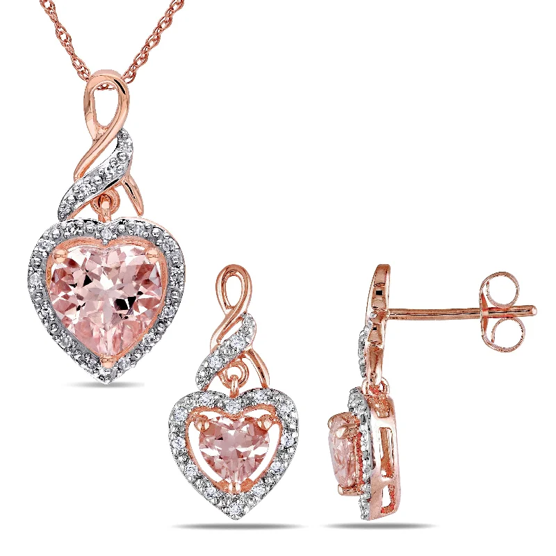 bohemian crest earrings-Miadora 10k Rose Gold Morganite and 1/5ct TDW Diamond Halo Heart Earrings and Necklace 2-Piece Set (G-H, I2-I3) - Pink